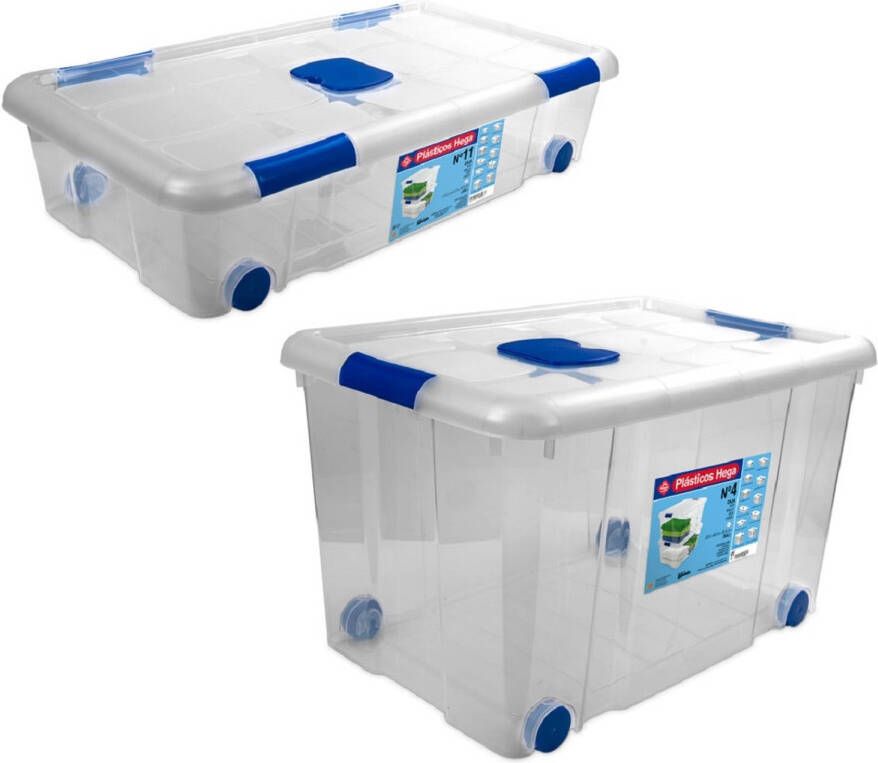 Merkloos 2x Opbergboxen opbergdozen met deksel en wieltjes 31 en 55 liter kunststof transparant blauw Opbergbakken Opbergbox