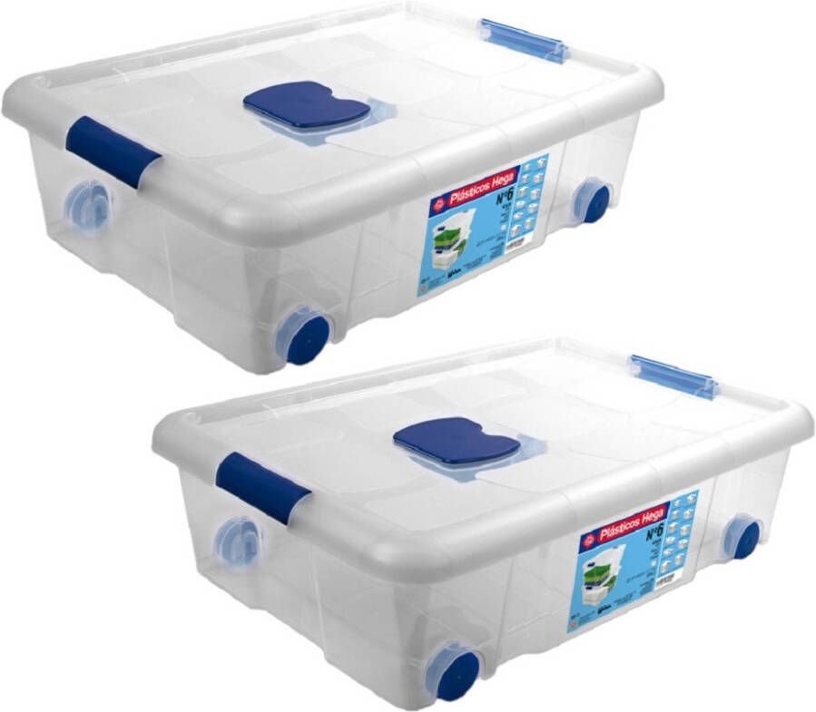 Merkloos 2x Opbergboxen opbergdozen met deksel en wieltjes 31 liter kunststof transparant blauw Opbergbox