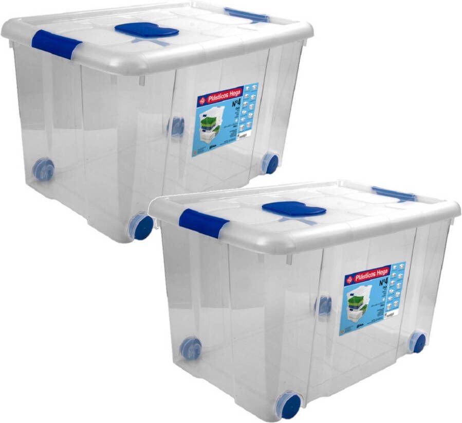 Merkloos 2x Opbergboxen opbergdozen met deksel en wieltjes 55 liter kunststof transparant blauw Opbergbox