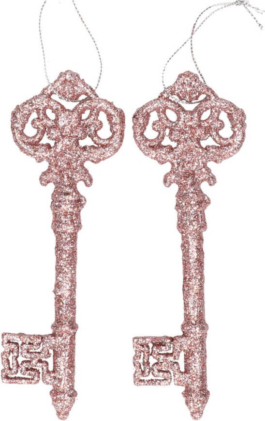Merkloos 2x Oud roze sleutel decoratiehanger met glitters 15 cm Kersthangers