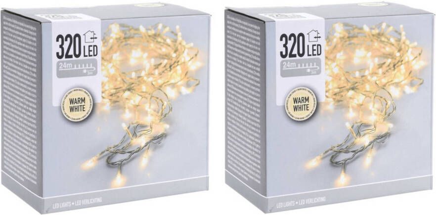 Merkloos 2x pakjes kerstverlichting transparant snoer met 320 warm witte lampjes 24 meter buiten Kerstverlichting kerstboom