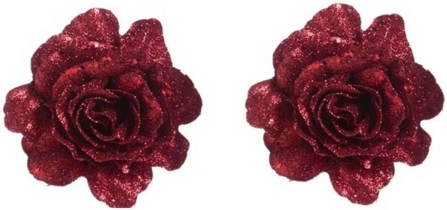 Merkloos 2x Rode roos met glitters op clip 10 cm kerstversiering Kersthangers