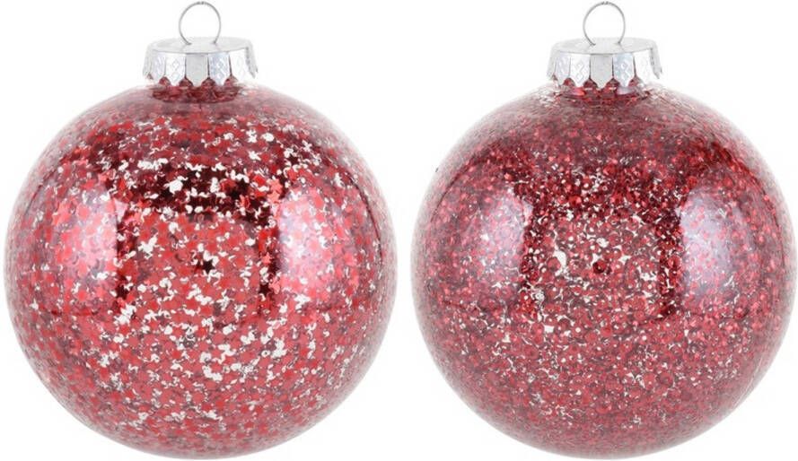 Merkloos 2x kerstballen rood 10 cm kunststof kerstboom versiering decoratie Kerstbal
