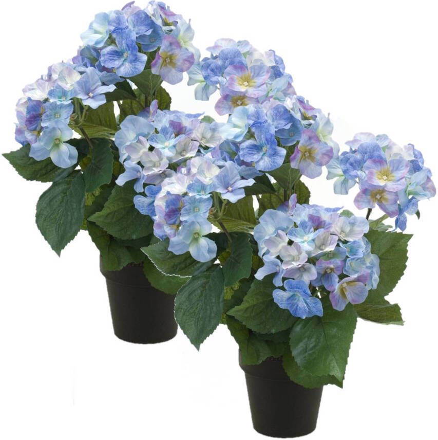 Merkloos Set van 2x stuks hortensia kunstplant in kunststof pot blauw 40 cm Hydrangea Macrophylla Kunstplanten