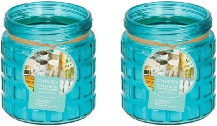 Merkloos 2x stuks citronella kaarsen tegen insecten in glazen pot 12 cm blauw- Anti-muggen insecten geurkaarsen