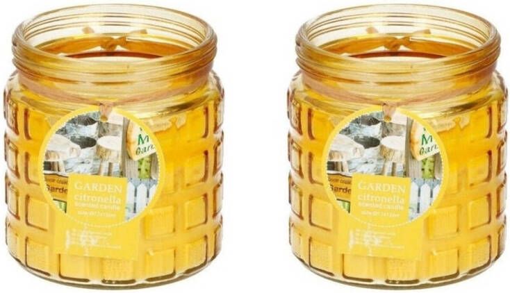 Merkloos 2x stuks citronella kaarsen tegen insecten in glazen pot 12 cm geel- Anti-muggen insecten geurkaarsen