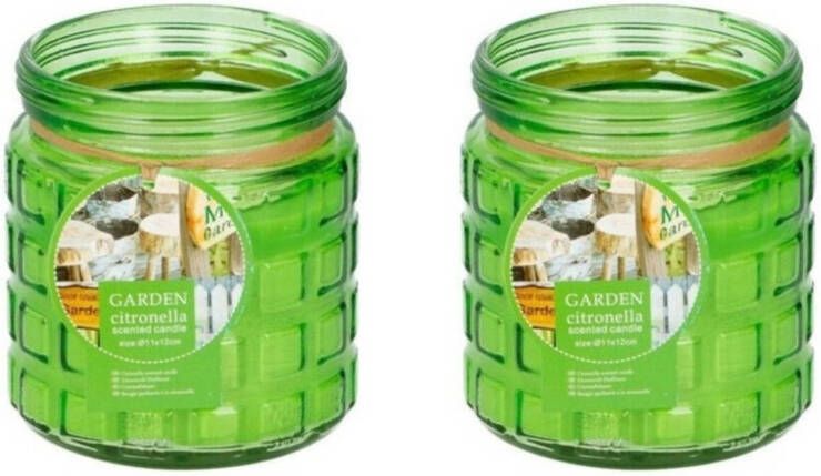 Merkloos 2x stuks citronella kaarsen tegen insecten in glazen pot 12 cm groen geurkaarsen