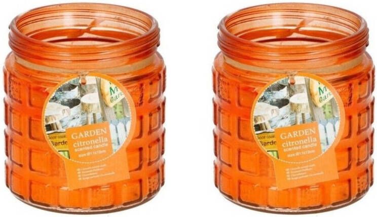 Merkloos 2x stuks citronella kaarsen tegen insecten in glazen pot 12 cm oranje- Anti-muggen insecten geurkaarsen