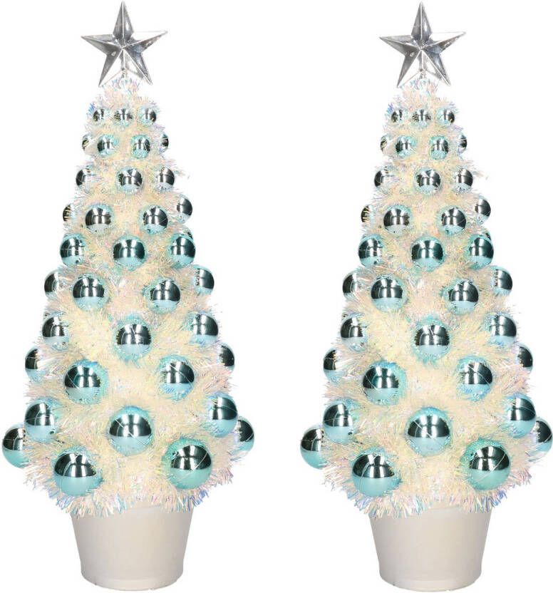 Merkloos 2x stuks complete mini kunst kerstbomen kunstbomen blauw met lichtjes 40 cm Kunstkerstboom