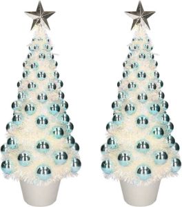 Merkloos 2x Stuks Complete Mini Kunst Kerstbomen Kunstbomen Blauw Met Lichtjes 50 Cm Kunstkerstboom