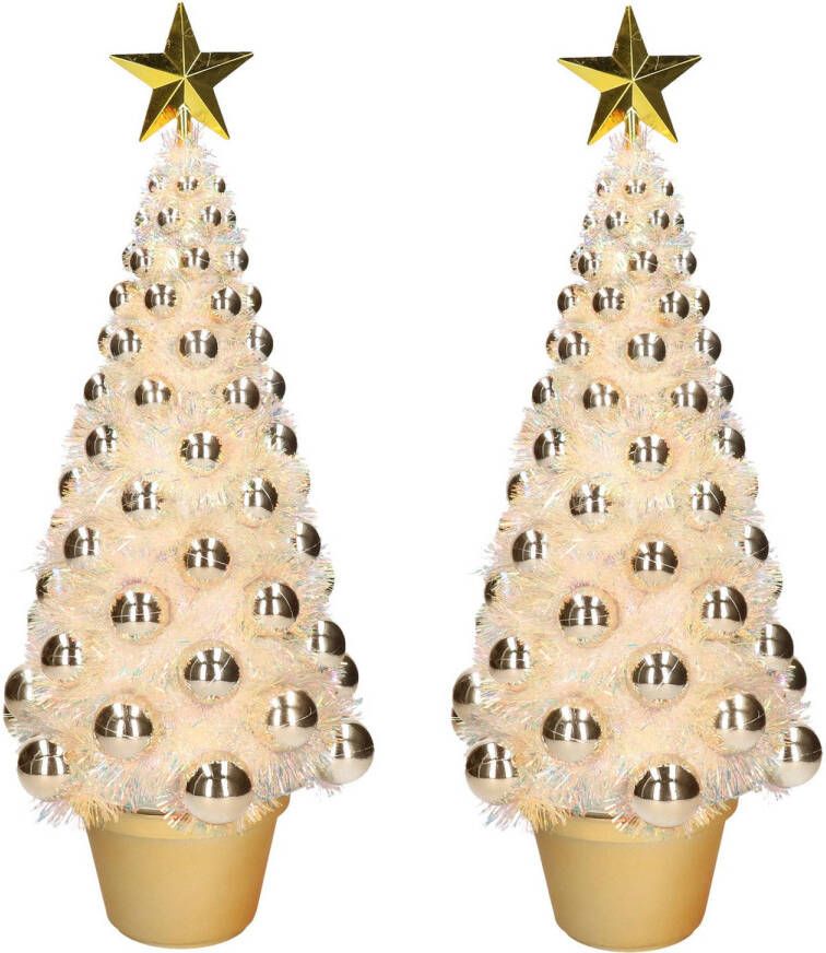 Merkloos 2x stuks complete mini kunst kerstbomen kunstbomen goud met lichtjes 50 cm Kunstkerstboom