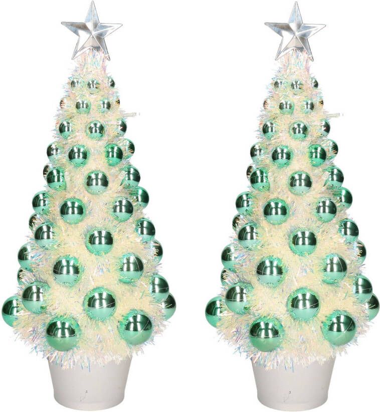 Merkloos 2x stuks complete mini kunst kerstbomen kunstbomen groen met lichtjes 40 cm Kunstkerstboom