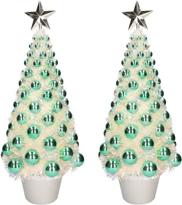Merkloos 2x stuks complete mini kunst kerstbomen kunstbomen groen met lichtjes 50 cm Kunstkerstboom