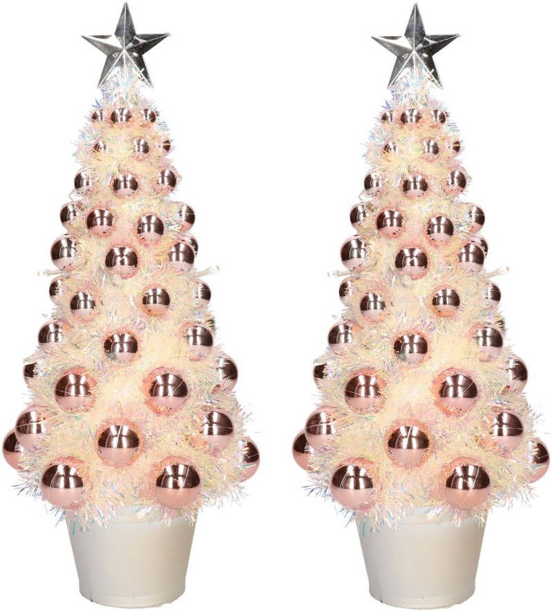 Merkloos 2x stuks complete mini kunst kerstbomen kunstbomen zalmroze met lichtjes 40 cm Kunstkerstboom