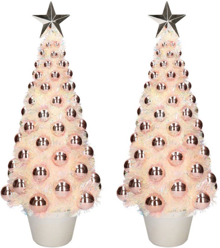 Merkloos 2x stuks complete mini kunst kerstbomen kunstbomen zalmroze met lichtjes 50 cm Kunstkerstboom