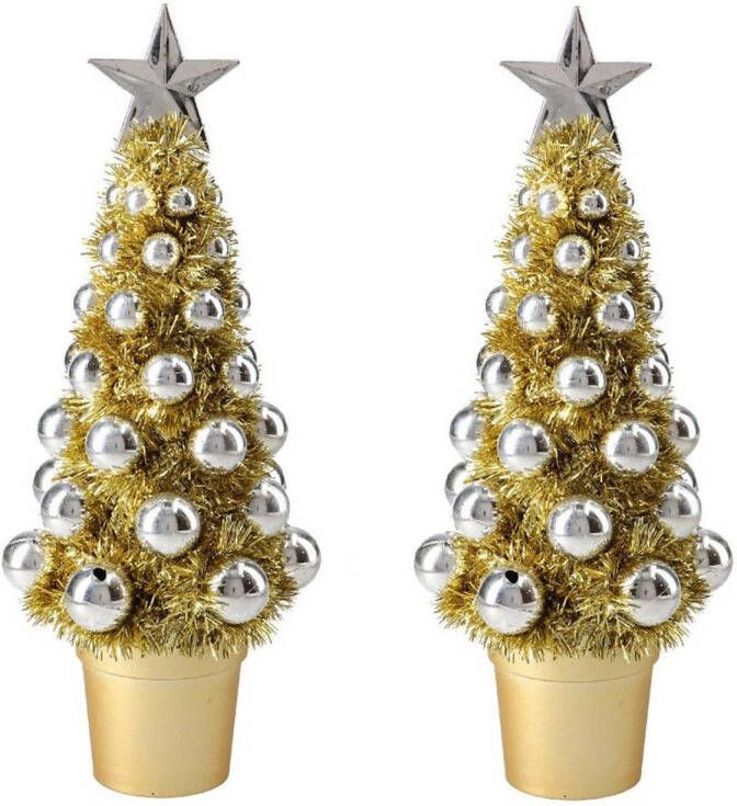 Merkloos 2x stuks complete mini kunst kerstboompje kunstboompje goud zilver met kerstballen 30 cm Kunstkerstboom