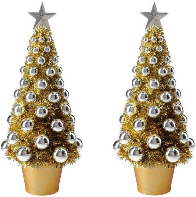 Merkloos 2x stuks complete mini kunst kerstboompje kunstboompje goud zilver met kerstballen 40 cm Kunstkerstboom