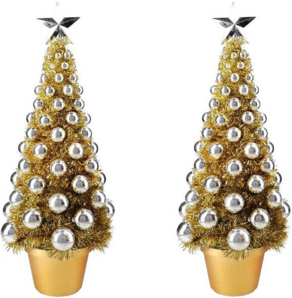 Merkloos 2x stuks complete mini kunst kerstboompje kunstboompje goud zilver met kerstballen 50 cm Kunstkerstboom