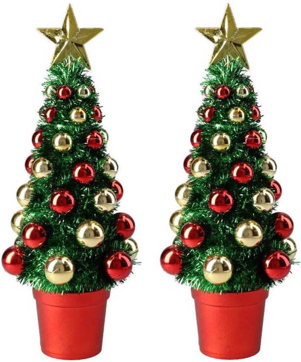 Merkloos 2x stuks complete mini kunst kerstboompje kunstboompje groen goud rood met kerstballen 30 cm Kunstkerstboom