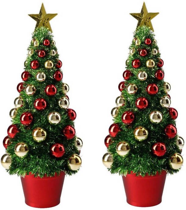 Merkloos 2x stuks complete mini kunst kerstboompje kunstboompje groen goud rood met kerstballen 40 cm Kunstkerstboom