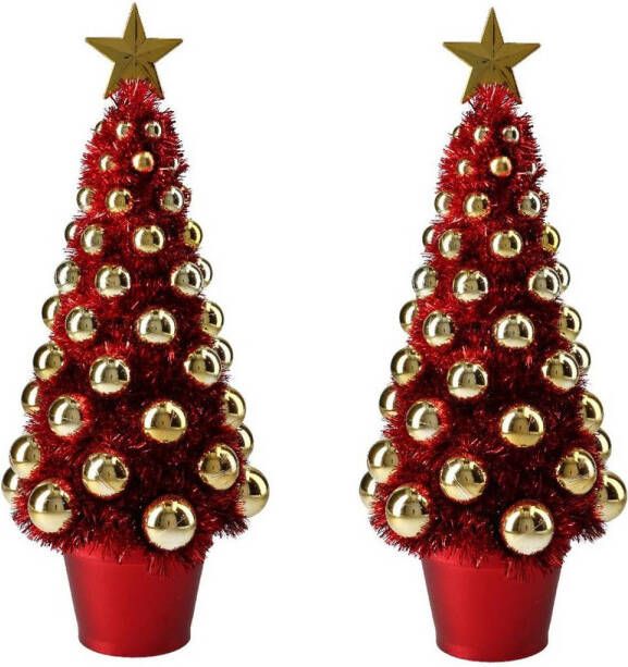Merkloos 2x stuks complete mini kunst kerstboompje kunstboompje rood goud met kerstballen 40 cm Kunstkerstboom