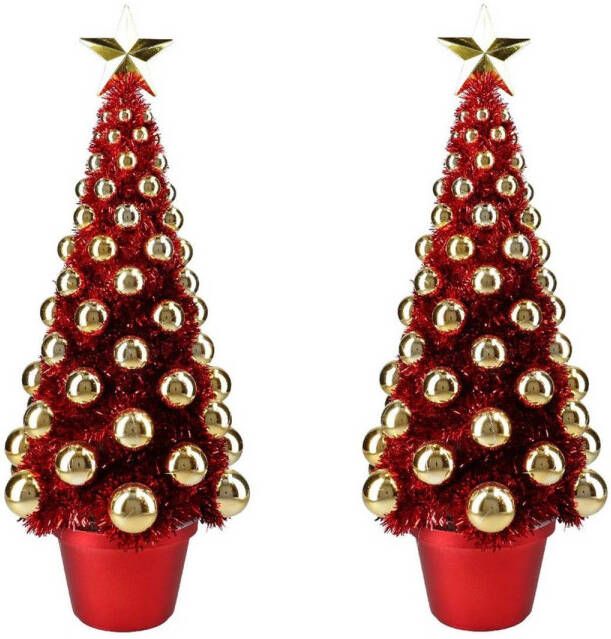 Merkloos 2x stuks complete mini kunst kerstboompje kunstboompje rood goud met kerstballen 50 cm Kunstkerstboom
