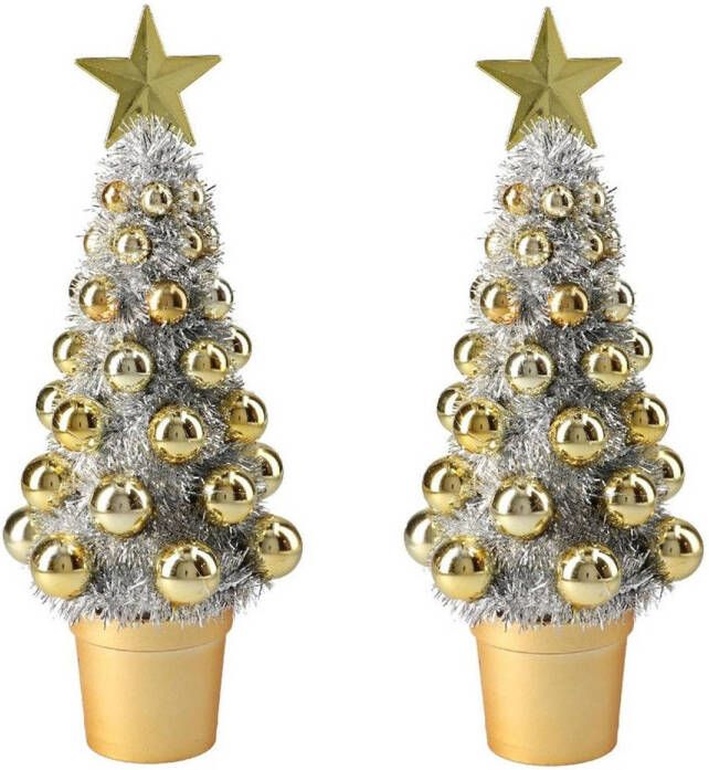 Merkloos 2x stuks complete mini kunst kerstboompje kunstboompje zilver goud met kerstballen 30 cm Kunstkerstboom