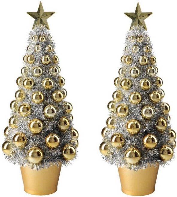 Merkloos 2x stuks complete mini kunst kerstboompje kunstboompje zilver goud met kerstballen 40 cm Kunstkerstboom