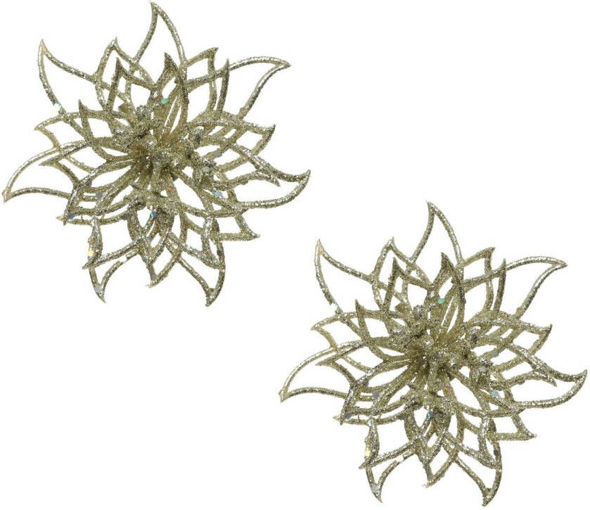 Merkloos 2x stuks decoratie bloemen kerstster champagne glitter op clip 14 cm Kunstbloemen