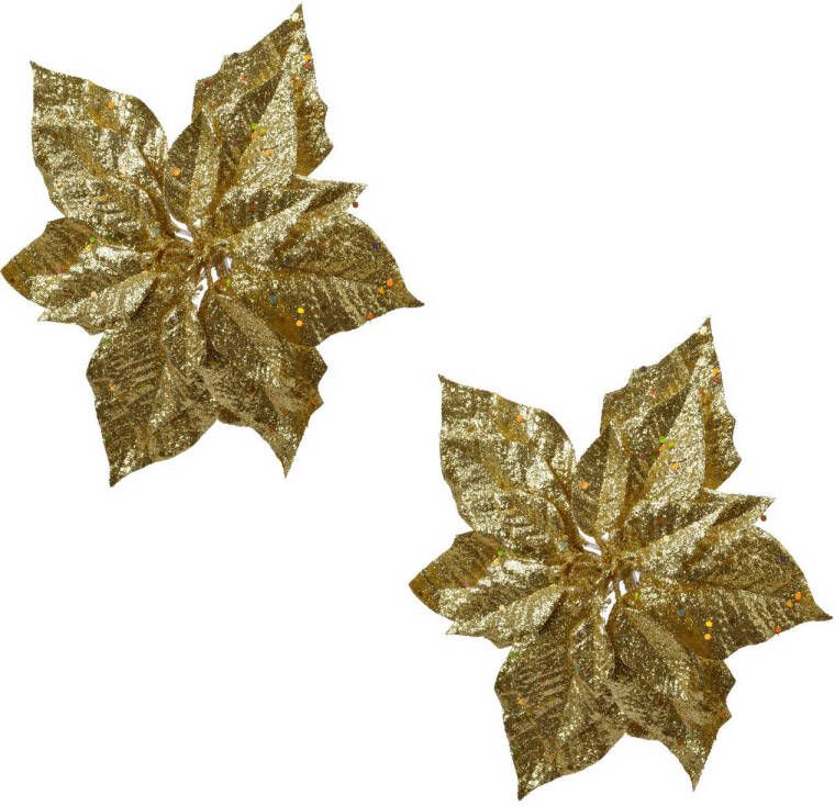 Merkloos 2x stuks decoratie bloemen kerstster goud glitter op clip 23 cm Kunstbloemen