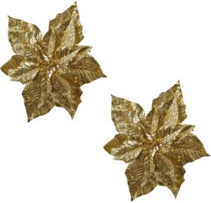 Bellatio Decorations 2x Stuks Decoratie Bloemen Kerstster Goud Glitter Op Clip 23 Cm Kersthangers