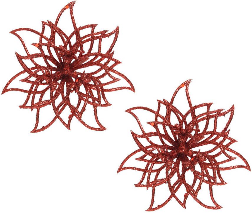 Merkloos 2x stuks decoratie bloemen kerstster rood glitter op clip 14 cm Kunstbloemen