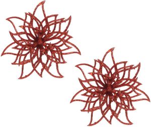 Bellatio Decorations 2x Stuks Decoratie Bloemen Kerstster Rood Glitter Op Clip 14 Cm Kersthangers