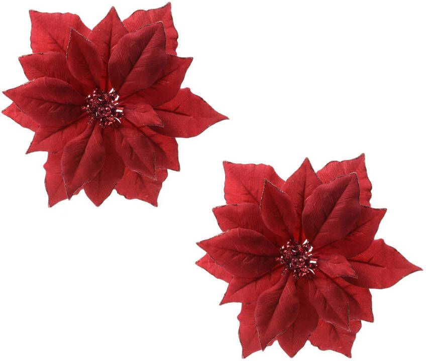 Merkloos 2x stuks decoratie bloemen kerstster rood glitter op clip 24 cm Kunstbloemen