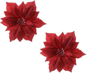 Bellatio Decorations 2x Stuks Decoratie Bloemen Kerstster Rood Glitter Op Clip 24 Cm Kersthangers