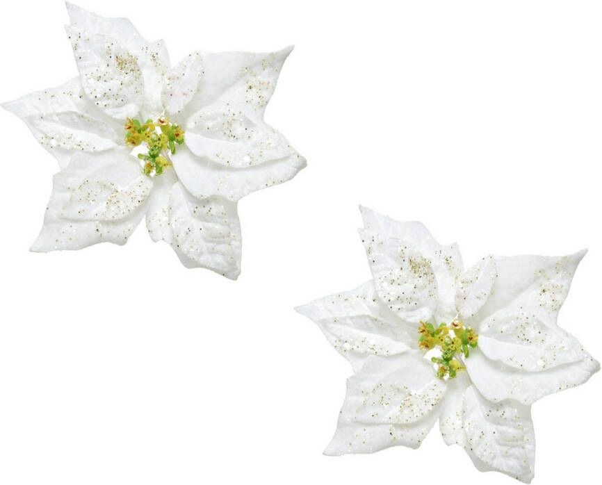 Bellatio Decorations 2x Stuks Decoratie Bloemen Kerstster Wit Glitter Op Clip 20 Cm Kersthangers