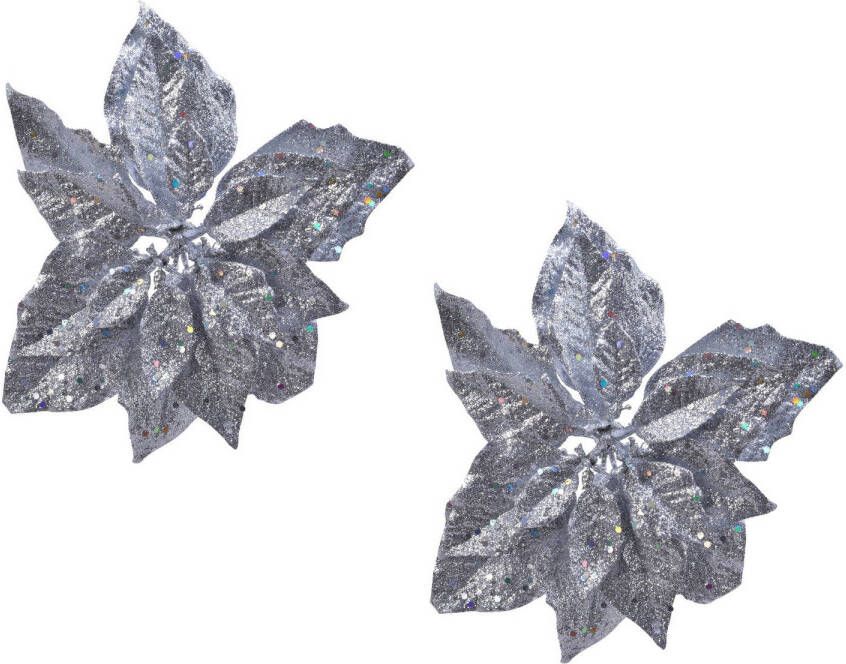 Merkloos 2x stuks decoratie bloemen kerstster zilver glitter op clip 23 cm Kunstbloemen