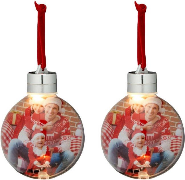 Merkloos 2x stuks DIY foto fotolijst kunststof kerstballen transparant 8 cm met verlichting Kerstbal