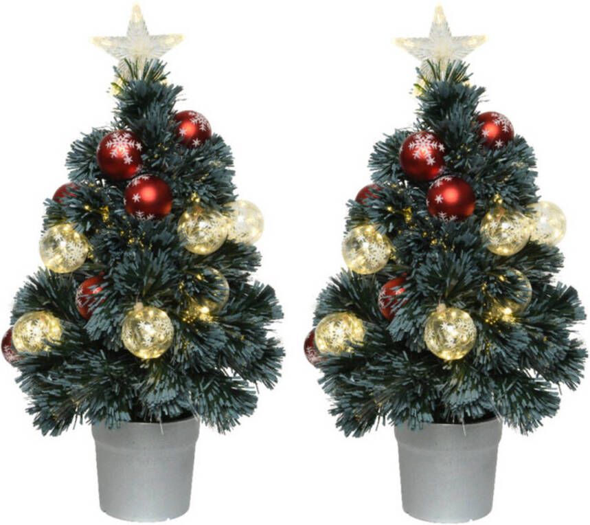 Merkloos 2x stuks fiber optic kerstbomen kunst kerstbomen met verlichting en kerstballen 60 cm Kunstkerstboom