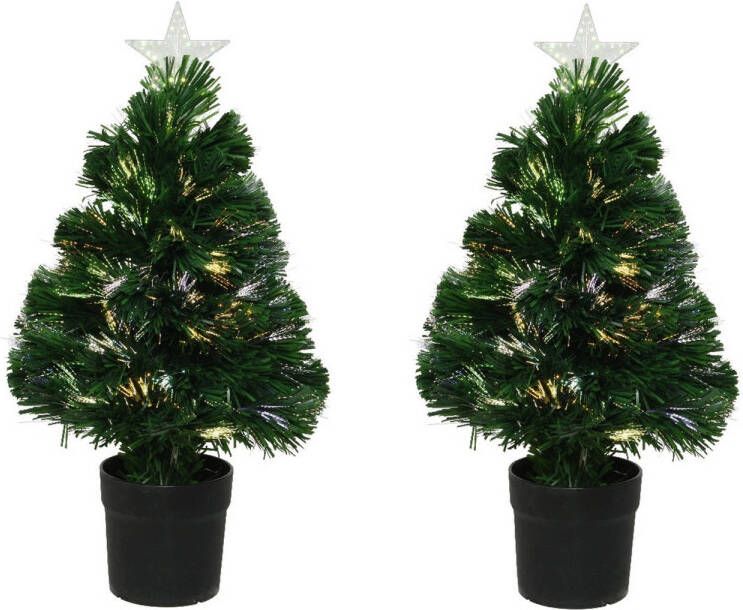 Merkloos 2x stuks fiber optic kerstboom kunst kerstboom met verlichting en ster piek 60 cm Kunstkerstboom