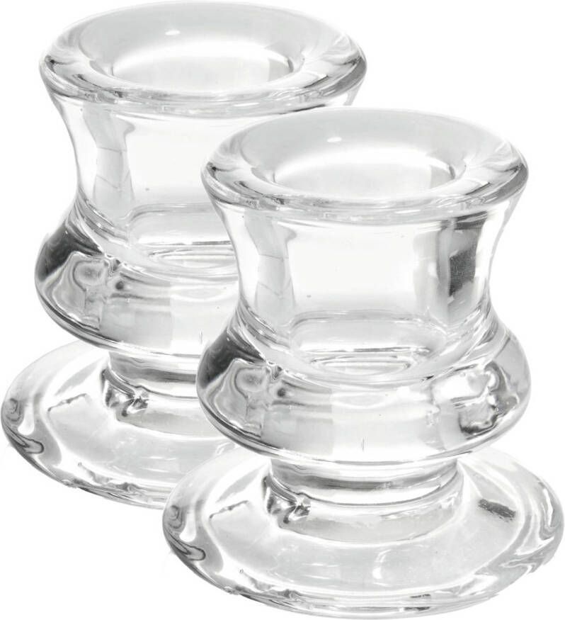 Merkloos 2x stuks glazen transparante kandelaars kaarsenhouders voor dinerkaarsen 6 cm kaars kandelaars