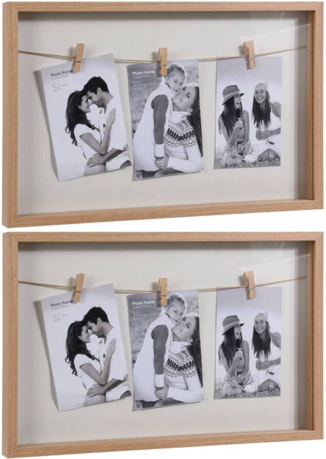 Merkloos 2x stuks houten fotolijst bruin wit met 3 knijpers geschikt voor een foto van 10 x 15 cm Fotolijsten
