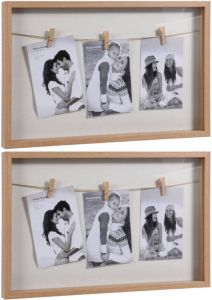 Merkloos 2x stuks houten fotolijst bruin wit met 3 knijpers geschikt voor een foto van 10 x 15 cm Fotolijsten