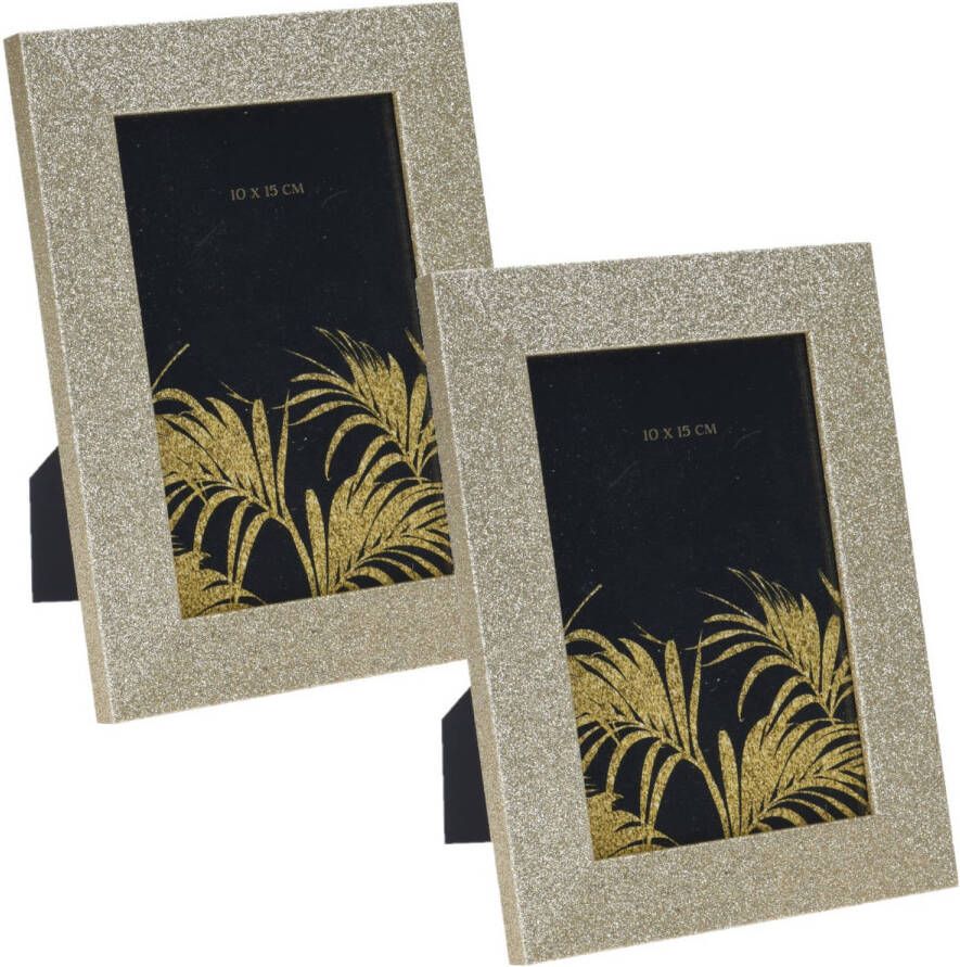 Merkloos 2x stuks houten fotolijst met gouden glitters 14 x 19 cm geschikt voor een foto van 10 x 15 cm Fotolijsten