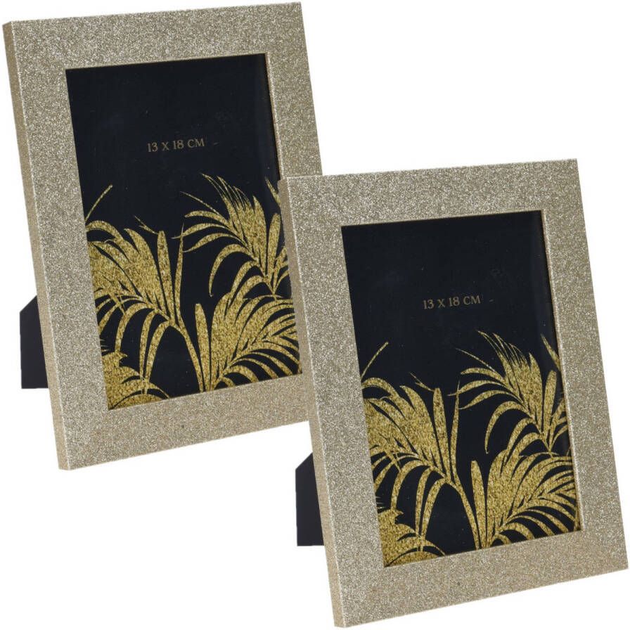 Merkloos 2x stuks houten fotolijst met gouden glitters 22 x 17 cm geschikt voor een foto van 13 x 18 cm Fotolijsten