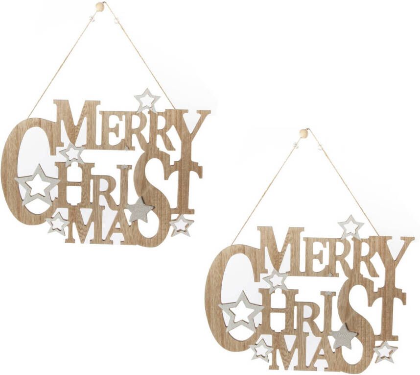 Merkloos 2x stuks houten kersthangers hangdecoratie bordjes Merry Christmas naturel 32 cm Kersthangers