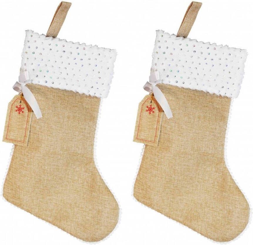 Merkloos 2x stuks jute kerstsokken met witte rand en zilveren pailletten 45 cm Kerstsokken