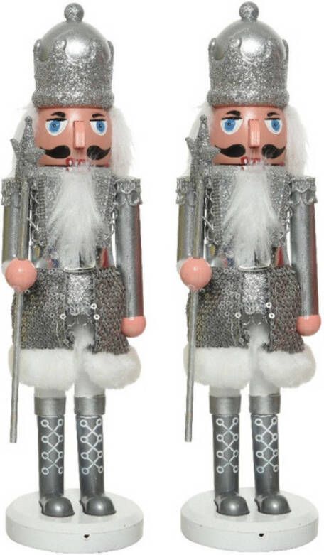 Merkloos 2x stuks kerstbeeldje kunststof notenkraker poppetjes soldaten zilver 28 cm kerstbeeldjes