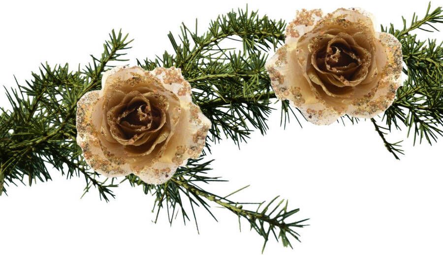 Decoris 2x stuks kerstboom bloemen op clip goud glitter 14 cm Kersthangers