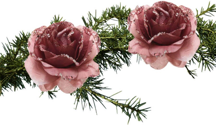Decoris 2x stuks kerstboom bloemen op clip oud roze 14 cm Kersthangers